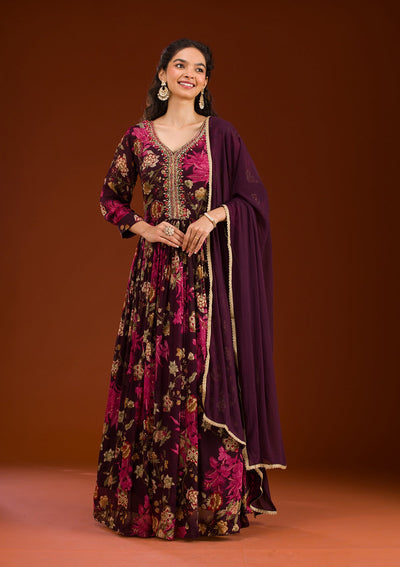 Wine Cutdana Semi Crepe Readymade Salwar Suit