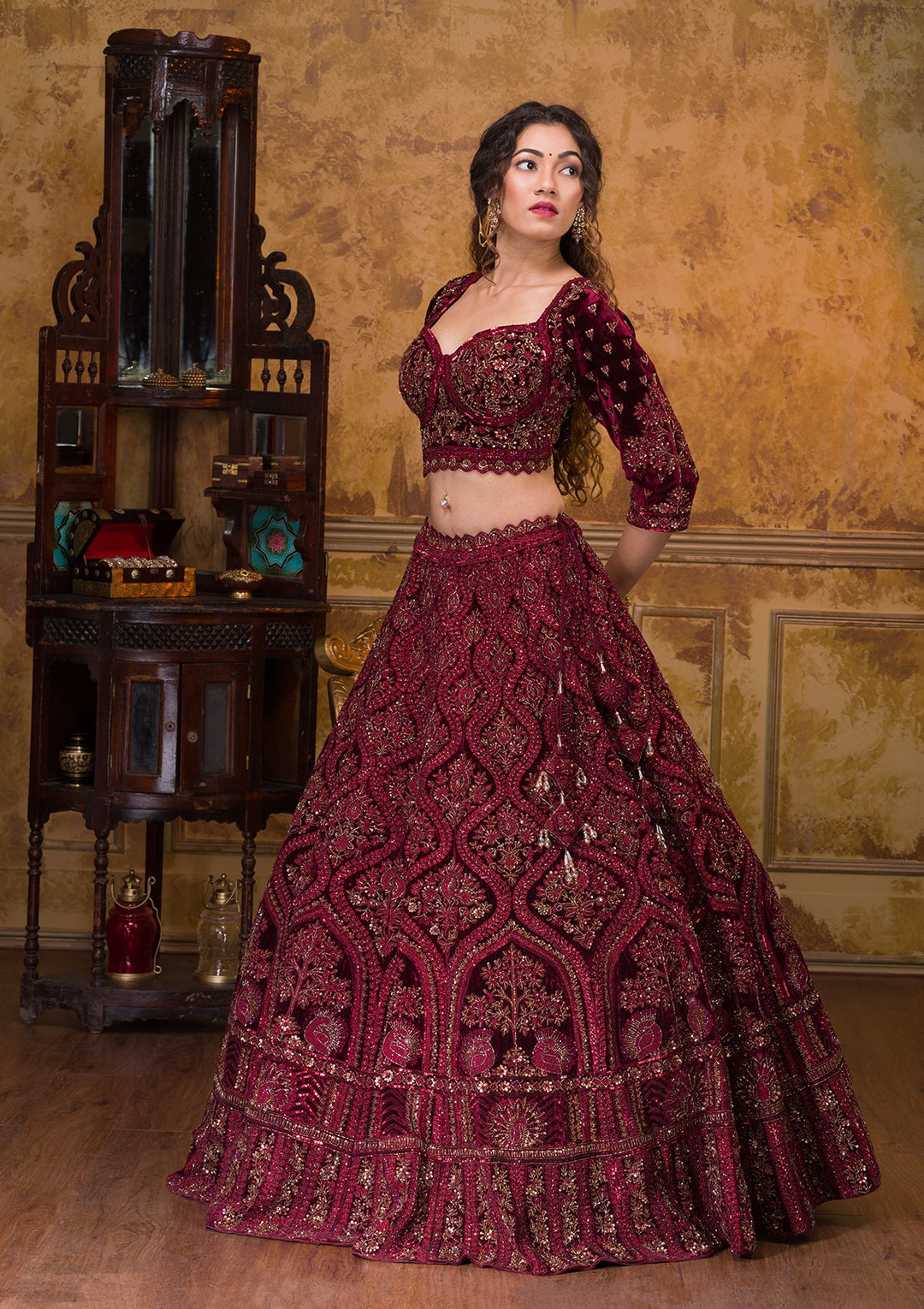 Wine Cutdana Velvet Readymade Lehenga-Koskii