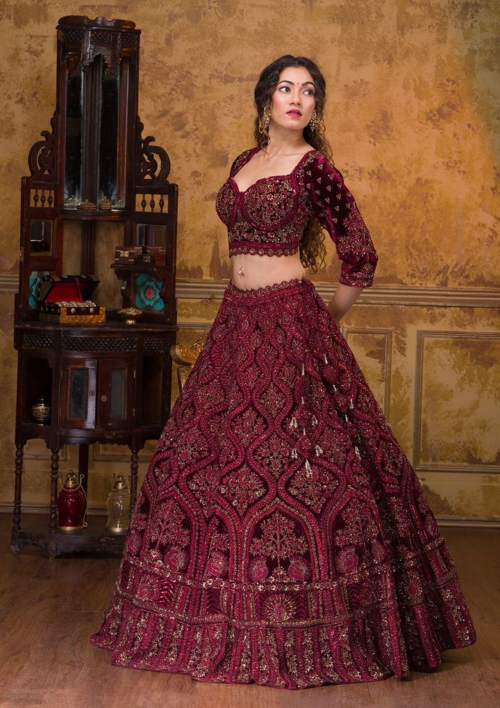 Wine Cutdana Velvet Readymade Lehenga-Koskii