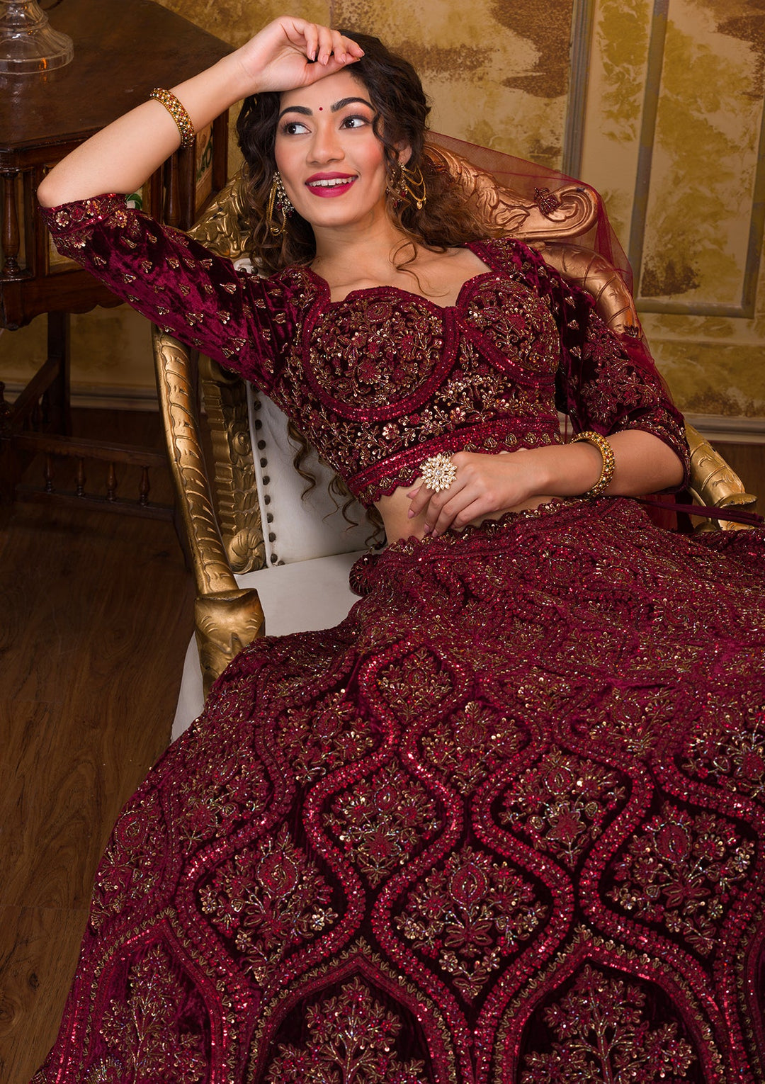 Wine Cutdana Velvet Readymade Lehenga-Koskii
