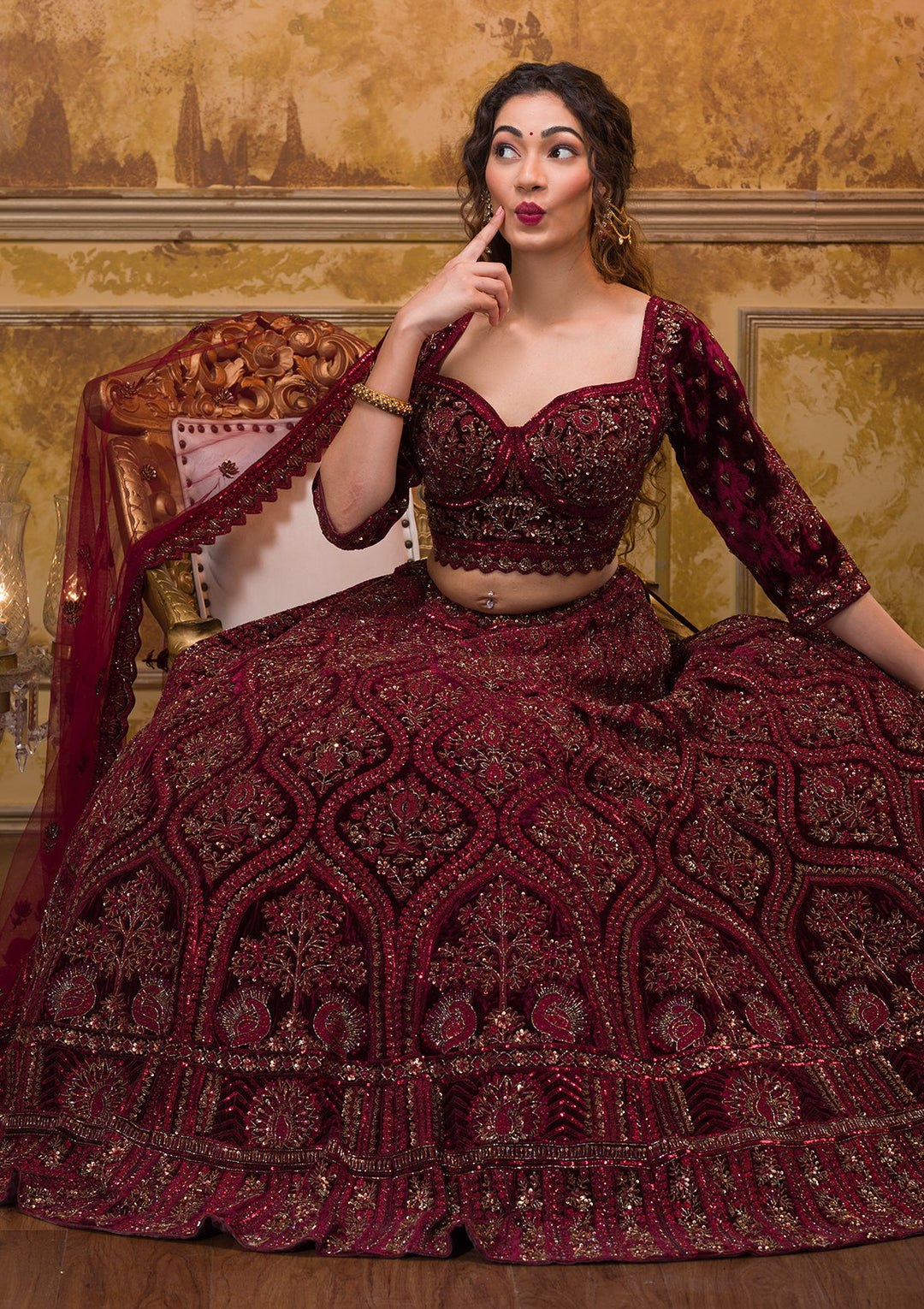 Wine Cutdana Velvet Readymade Lehenga-Koskii