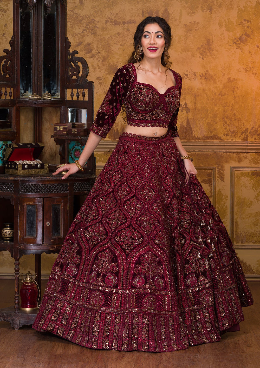 Wine Cutdana Velvet Readymade Lehenga-Koskii