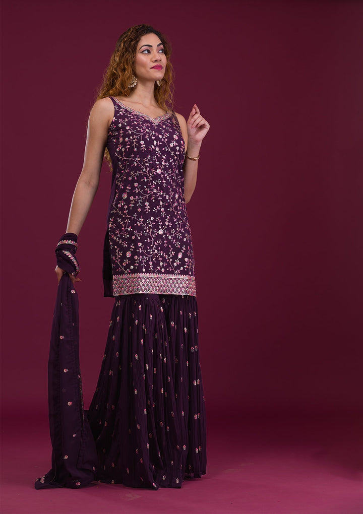 Wine Kashmiri Threadwork Georgette Readymade Salwar Kameez-Koskii