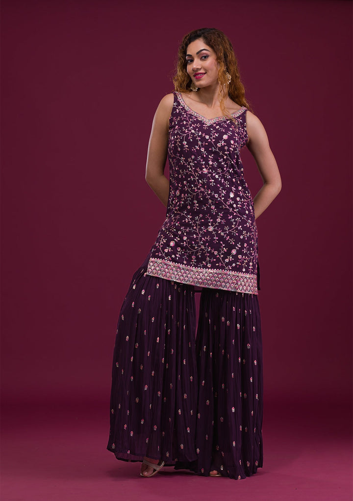 Wine Kashmiri Threadwork Georgette Readymade Salwar Kameez-Koskii