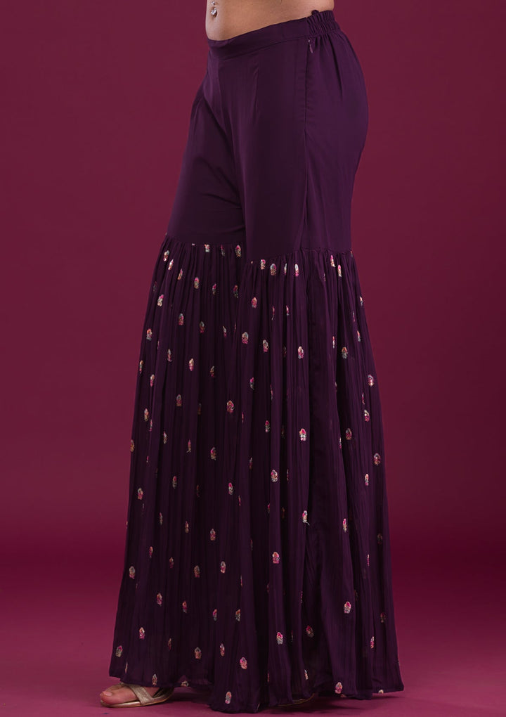 Wine Kashmiri Threadwork Georgette Readymade Salwar Kameez-Koskii