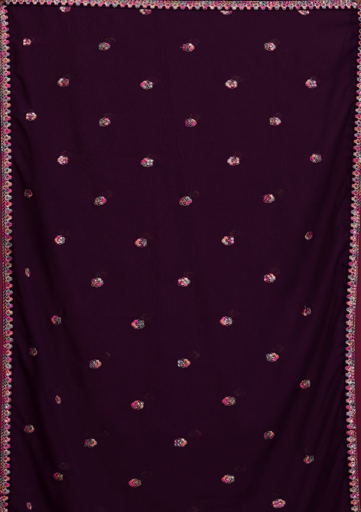 Wine Kashmiri Threadwork Georgette Readymade Salwar Kameez-Koskii