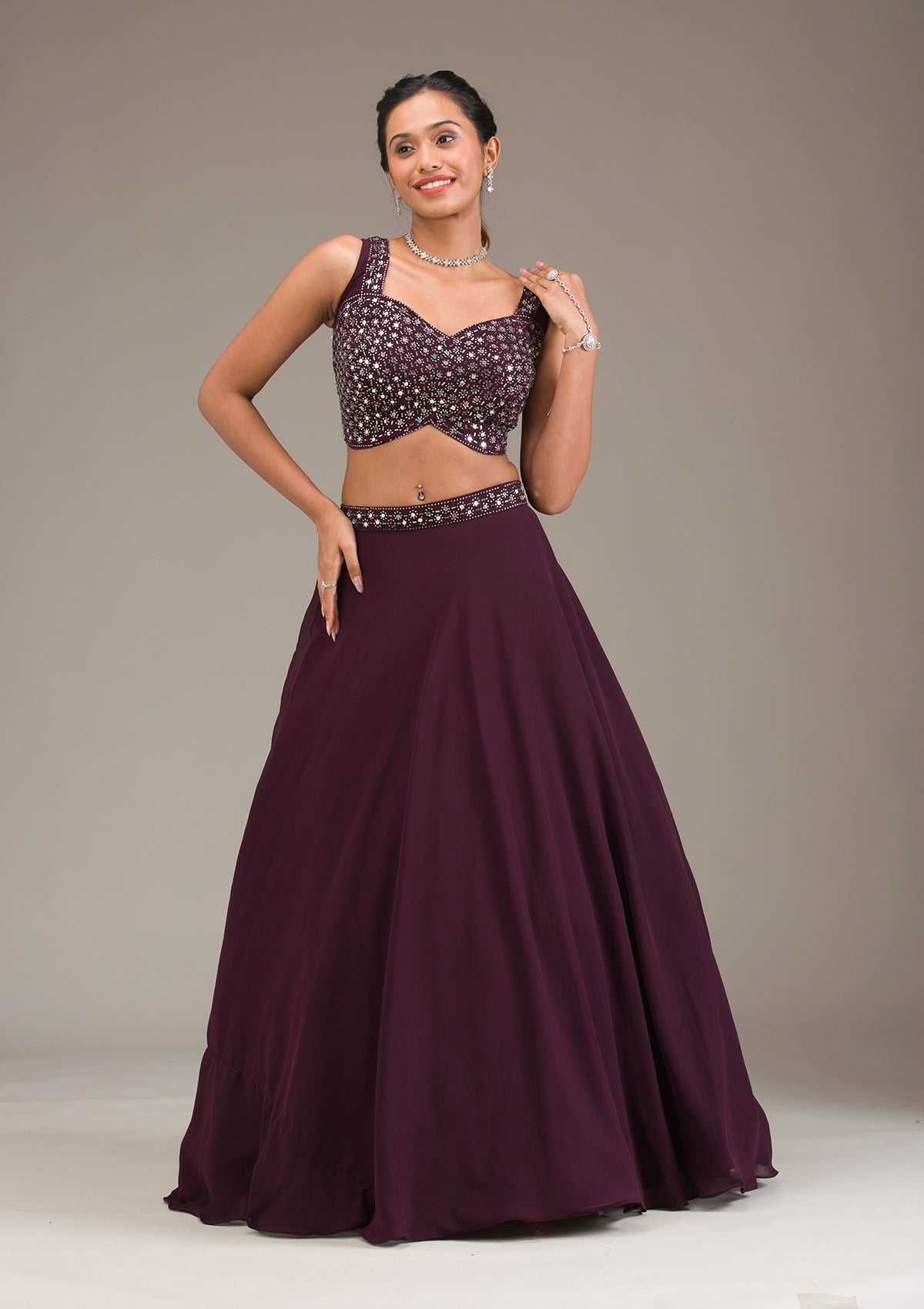 Wine Mirrorwork Georgette Readymade Lehenga