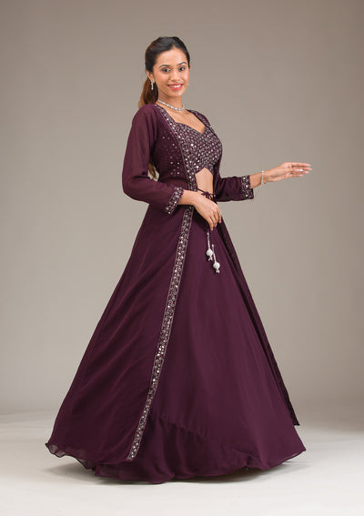 Wine Mirrorwork Georgette Readymade Lehenga