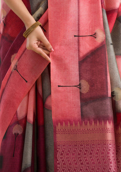 Wine Printed Art Silk Saree-Koskii