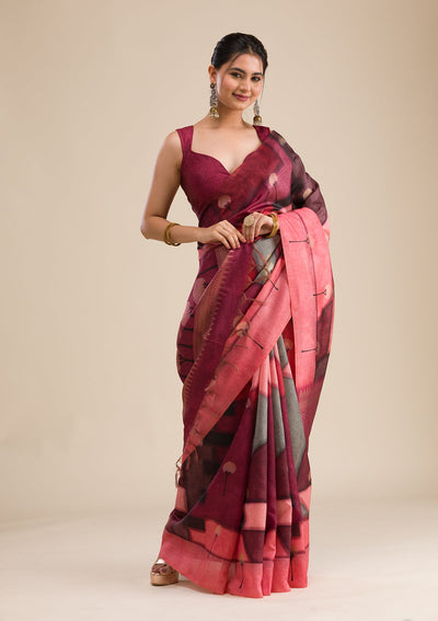 Wine Printed Art Silk Saree-Koskii