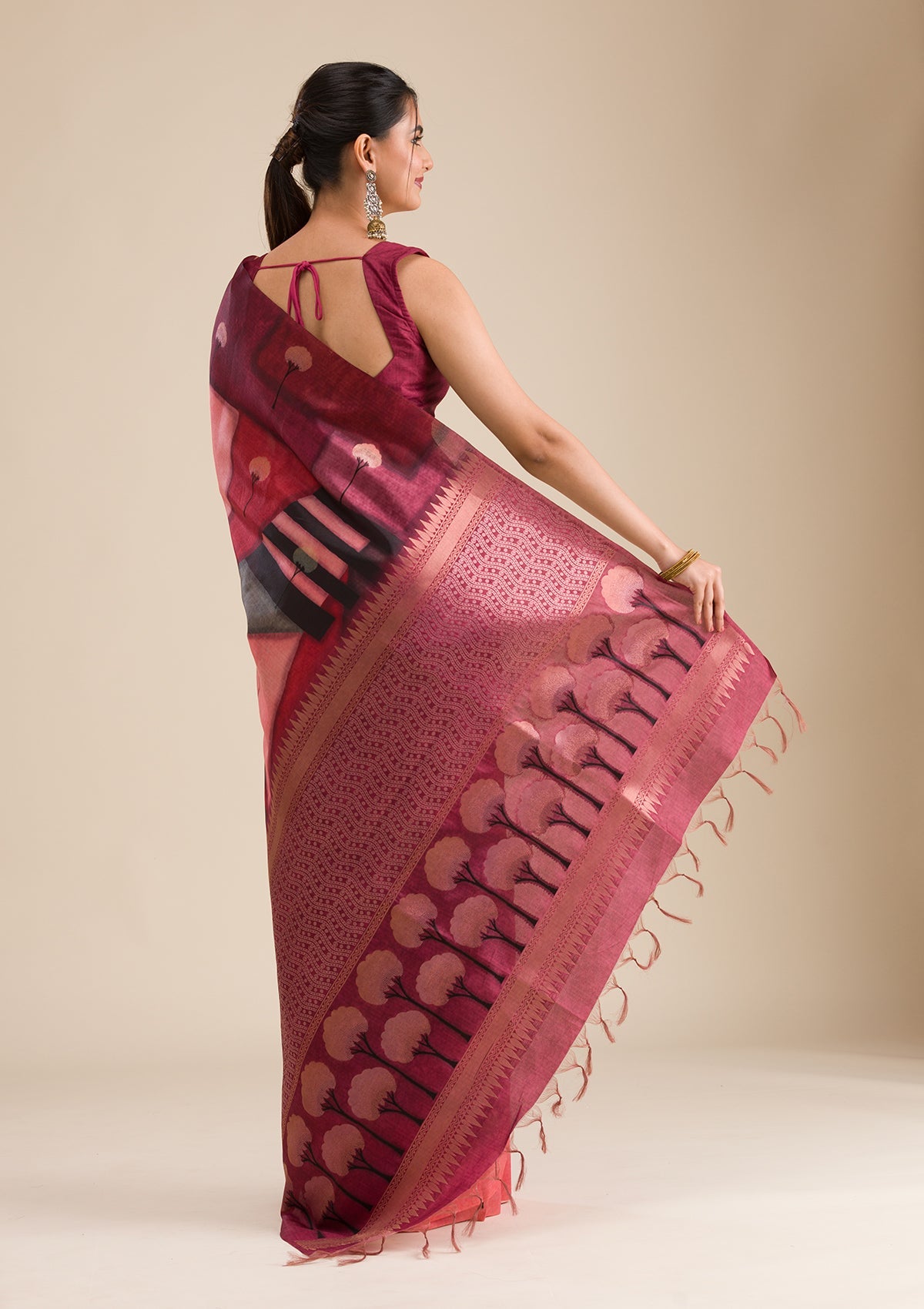 Wine Printed Art Silk Saree-Koskii