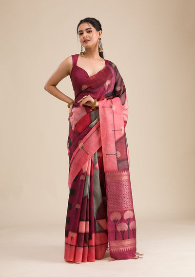 Wine Printed Art Silk Saree-Koskii