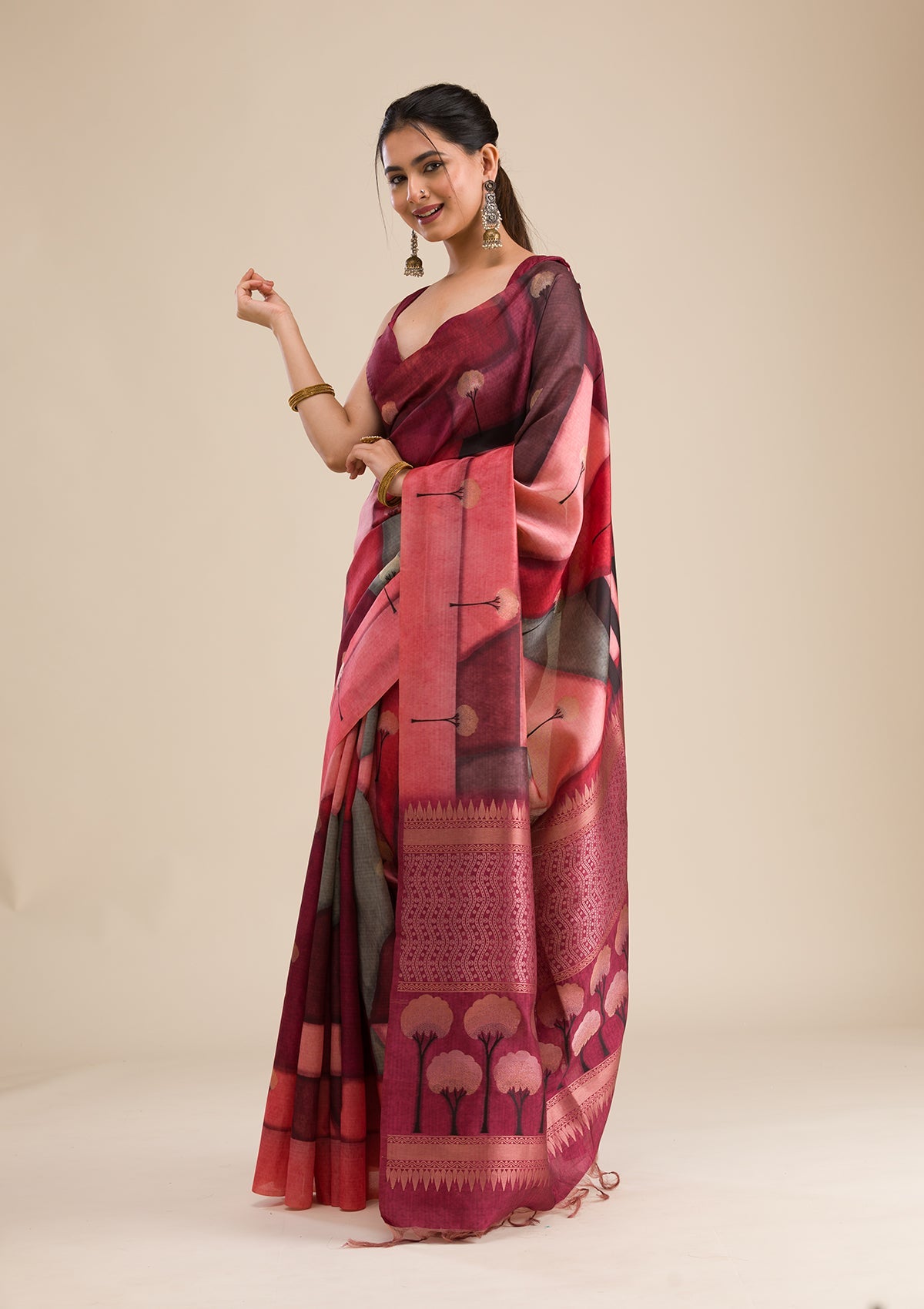 Wine Printed Art Silk Saree-Koskii