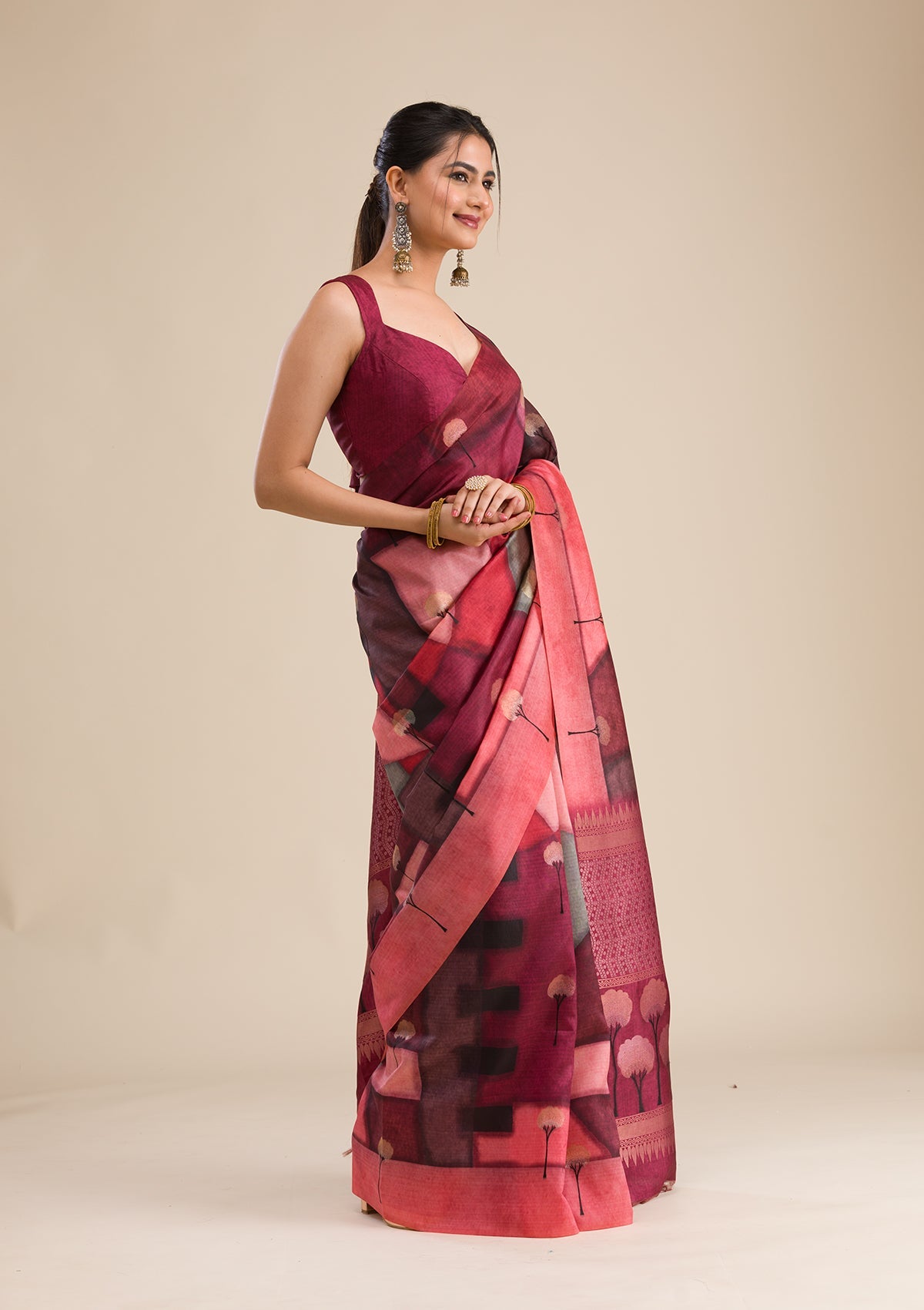 Wine Printed Art Silk Saree-Koskii