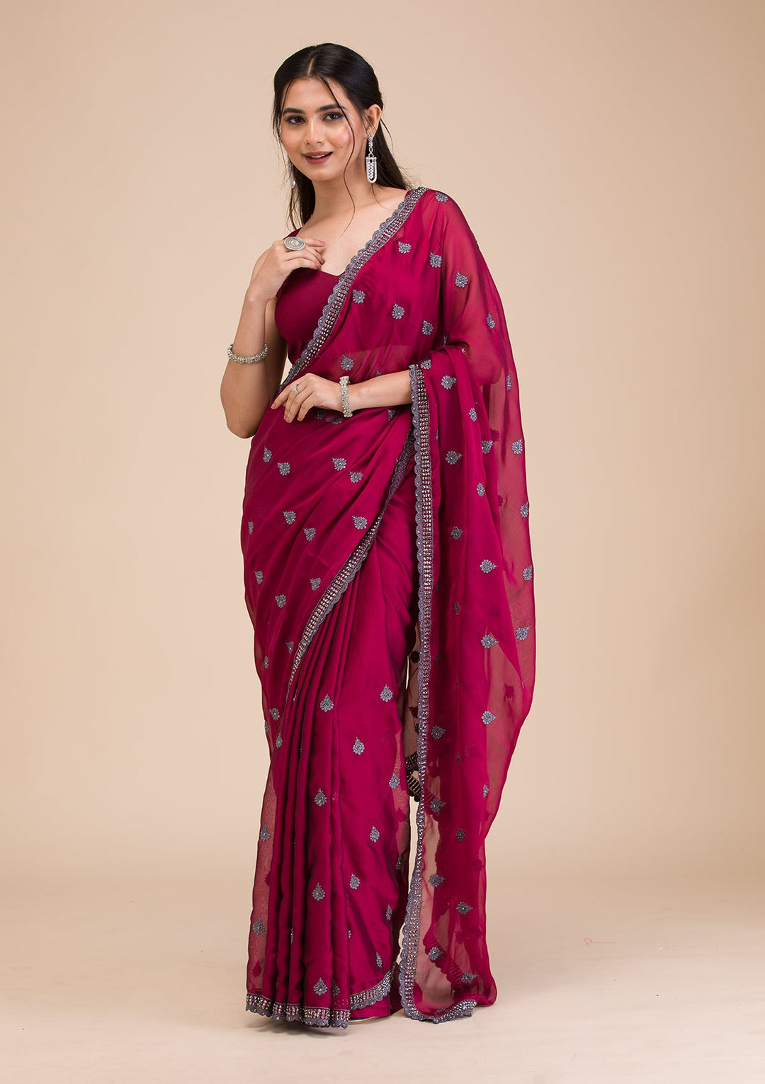 Maroon Printed Georgette Saree-Koskii