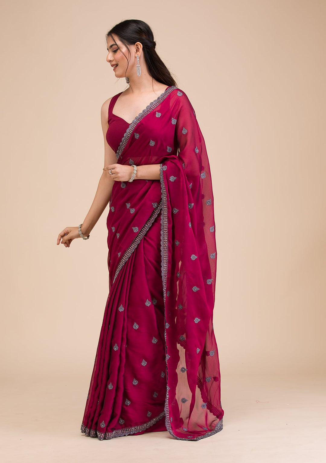 Maroon Printed Georgette Saree-Koskii
