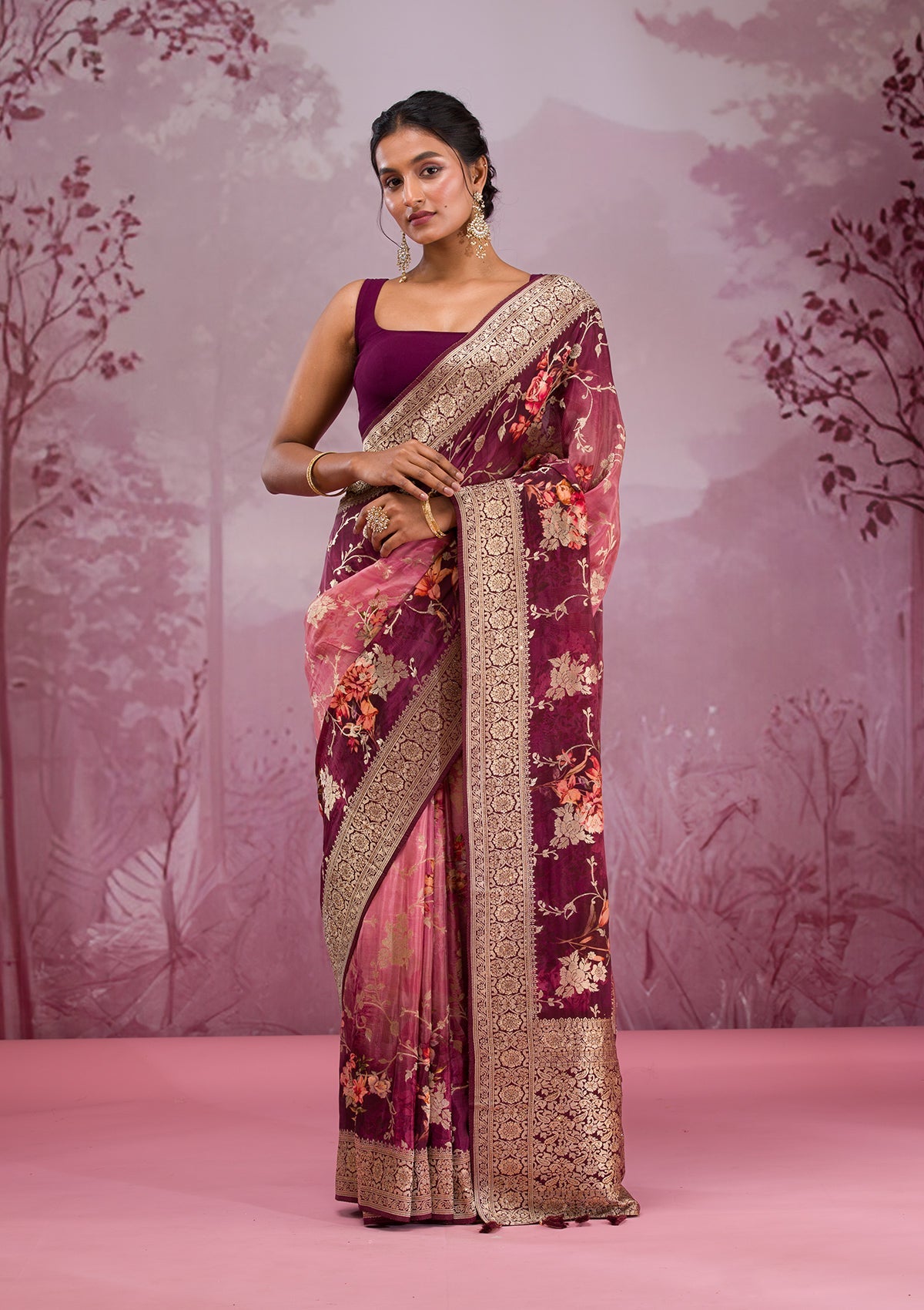 Wine Printed Georgette Saree-Koskii