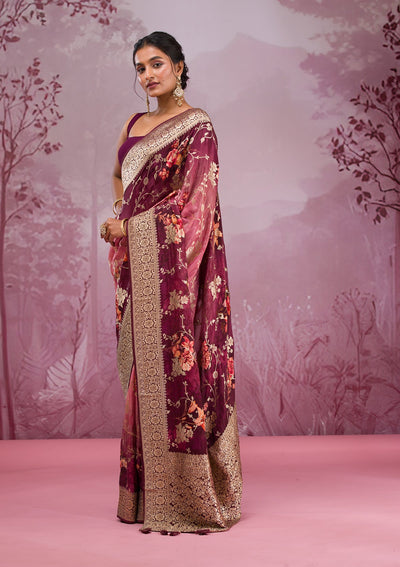 Wine Printed Georgette Saree-Koskii