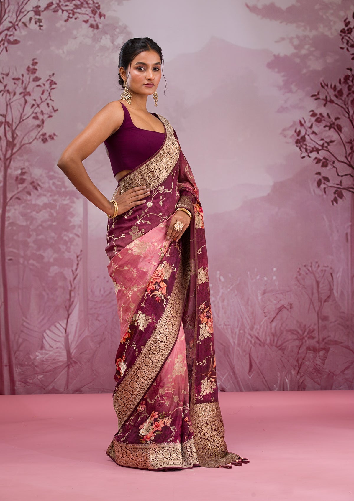 Wine Printed Georgette Saree-Koskii