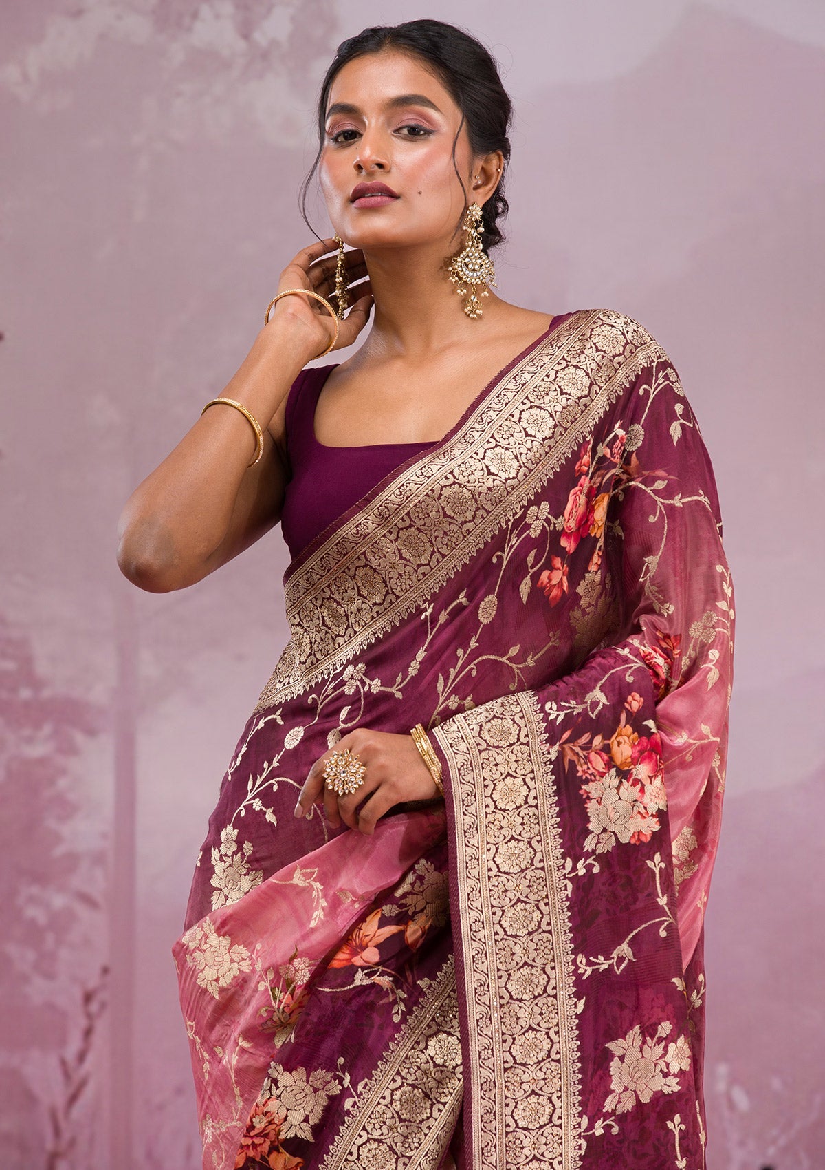 Wine Printed Georgette Saree-Koskii