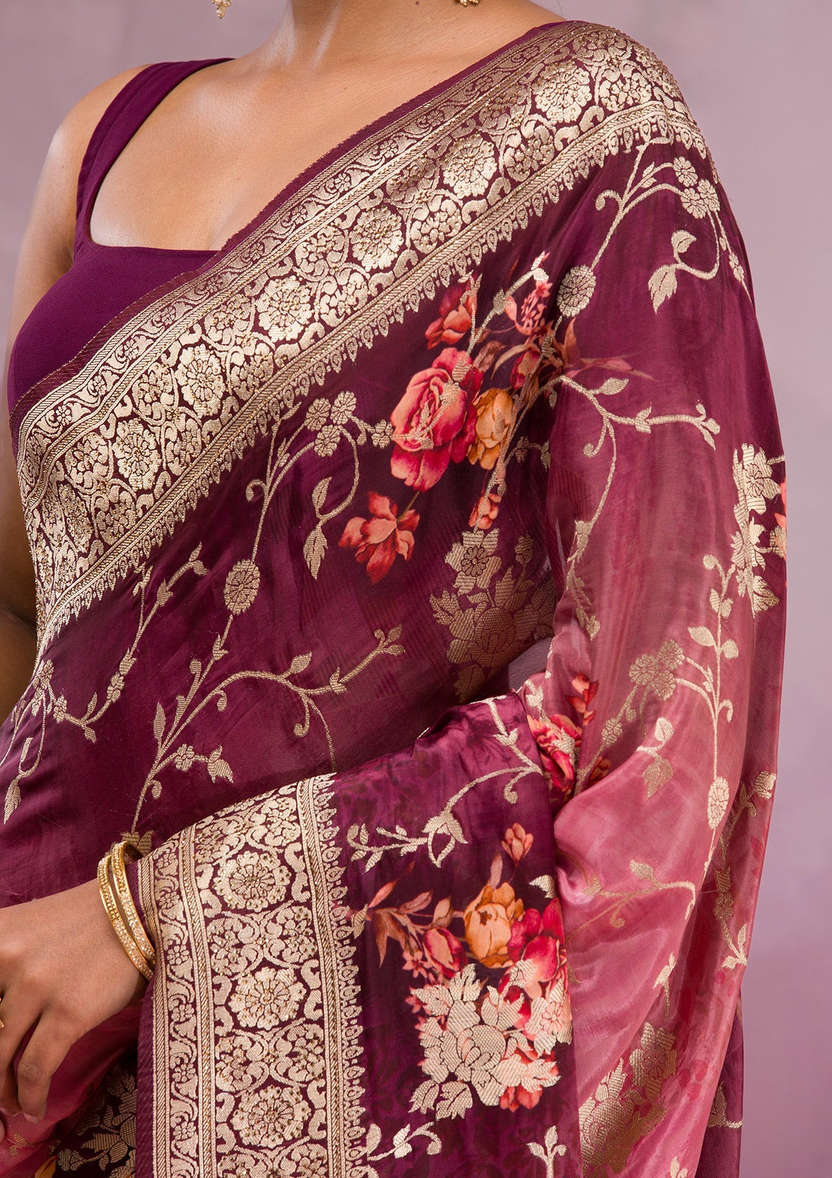 Wine Printed Georgette Saree-Koskii