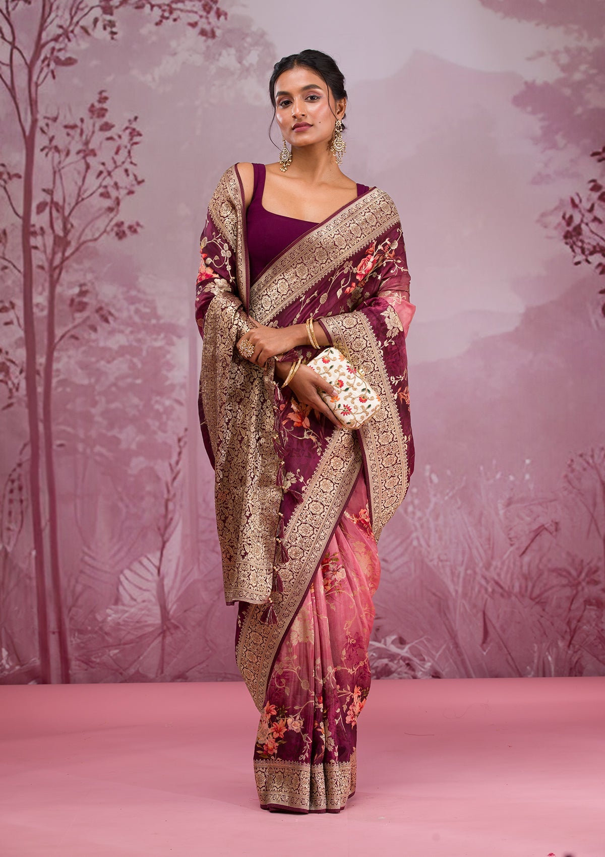 Wine Printed Georgette Saree-Koskii