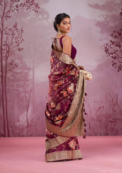 Wine Printed Georgette Saree-Koskii