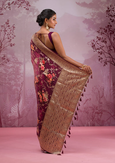 Wine Printed Georgette Saree-Koskii