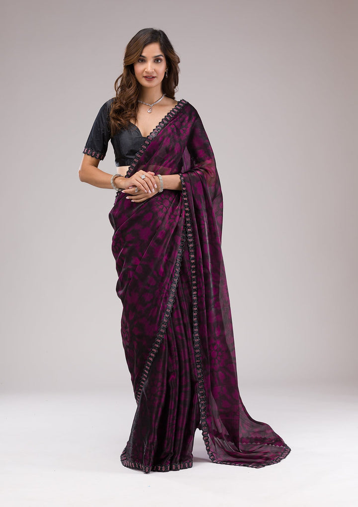 Wine Printed Organza Saree-Koskii