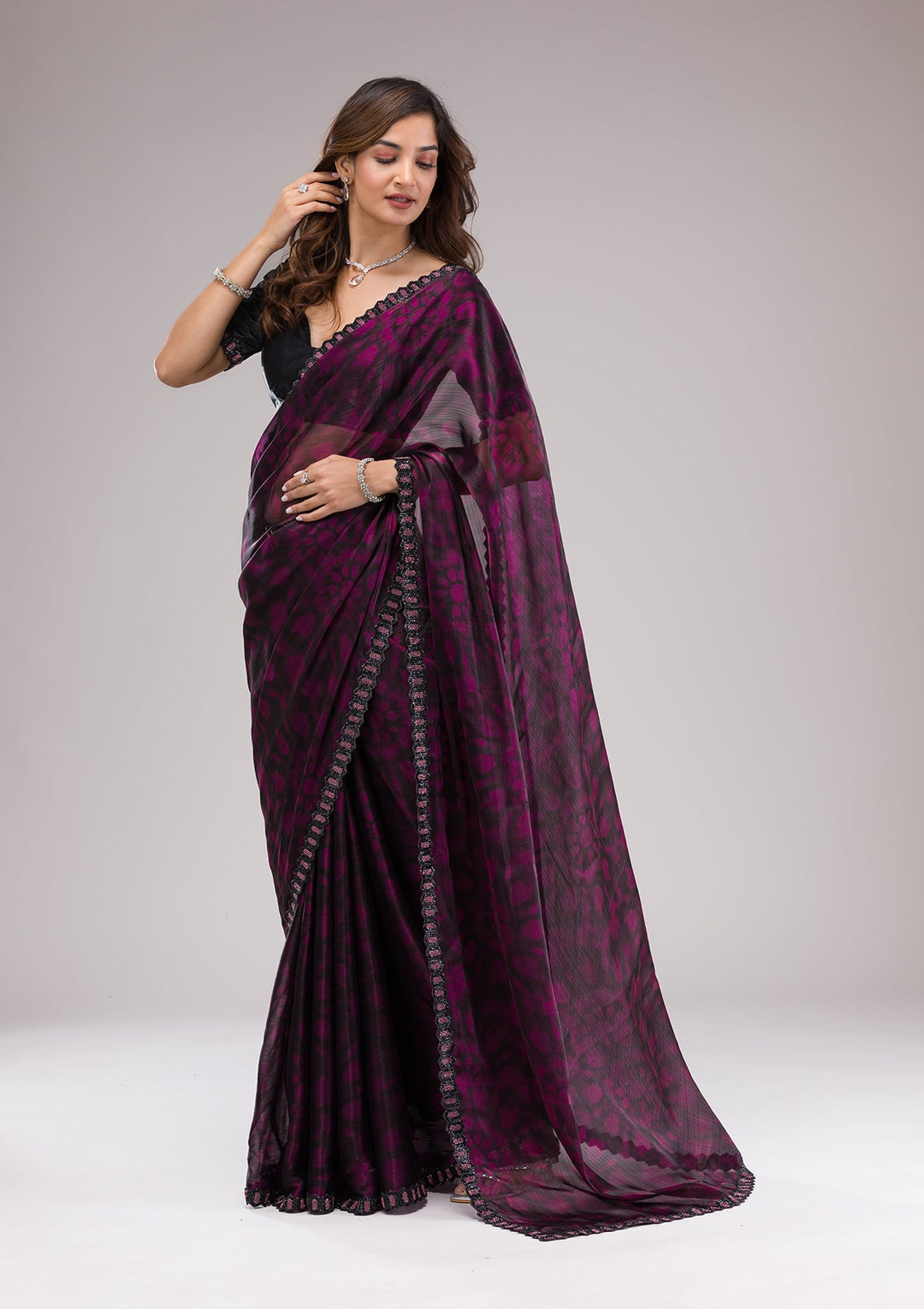 Wine Printed Organza Saree-Koskii