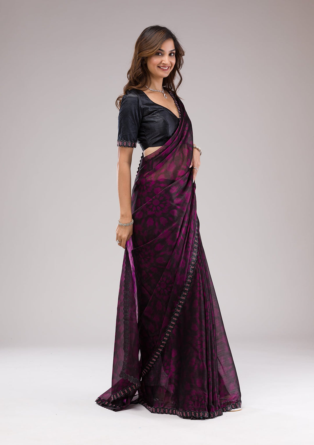 Wine Printed Organza Saree-Koskii