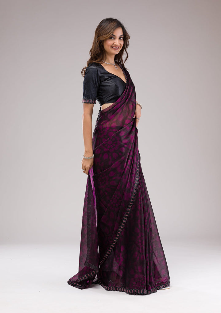 Wine Printed Organza Saree-Koskii