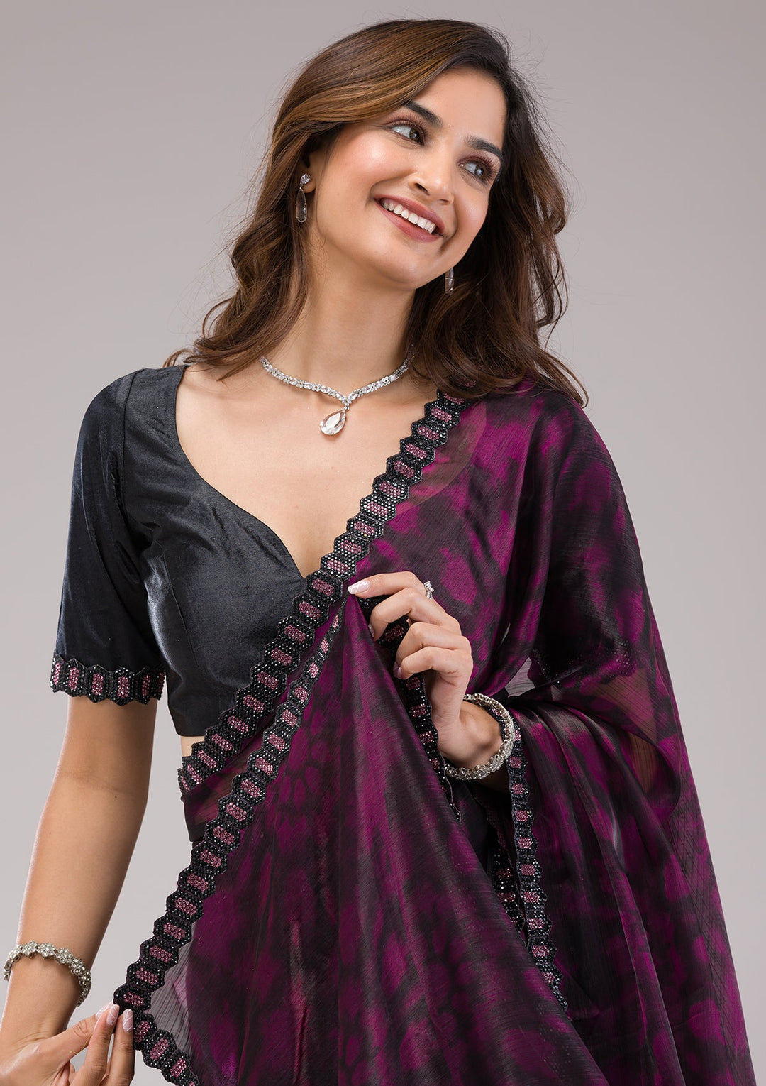 Wine Printed Organza Saree-Koskii