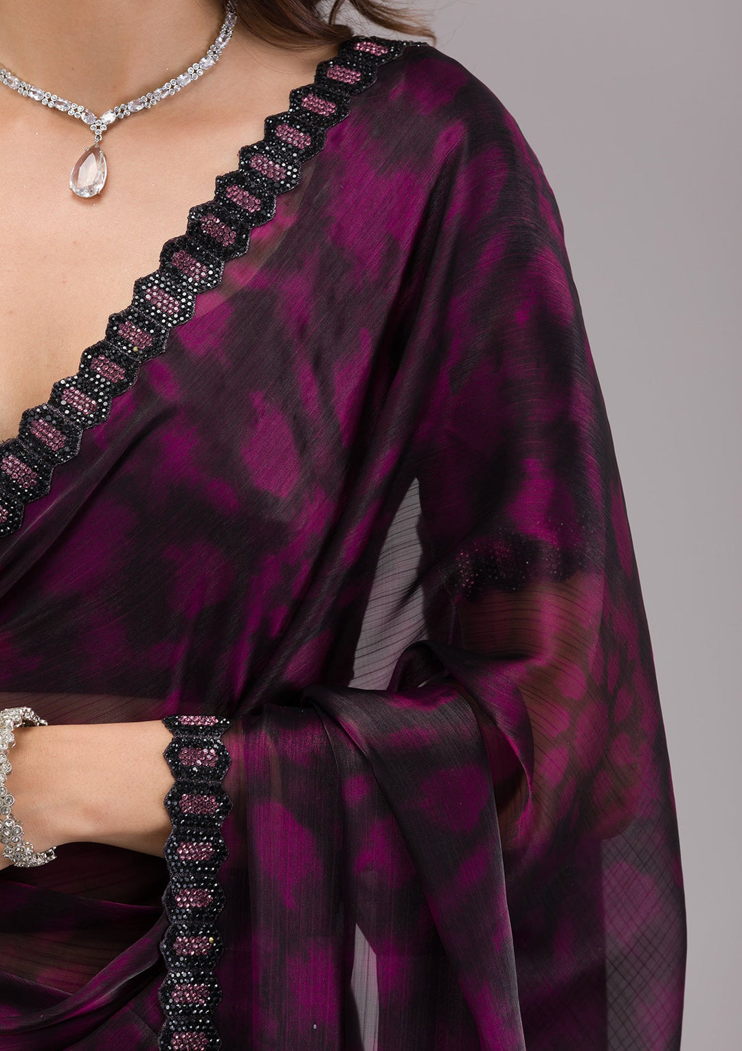 Wine Printed Organza Saree-Koskii