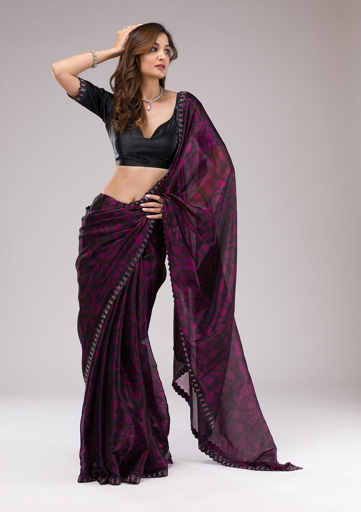 Wine Printed Organza Saree-Koskii