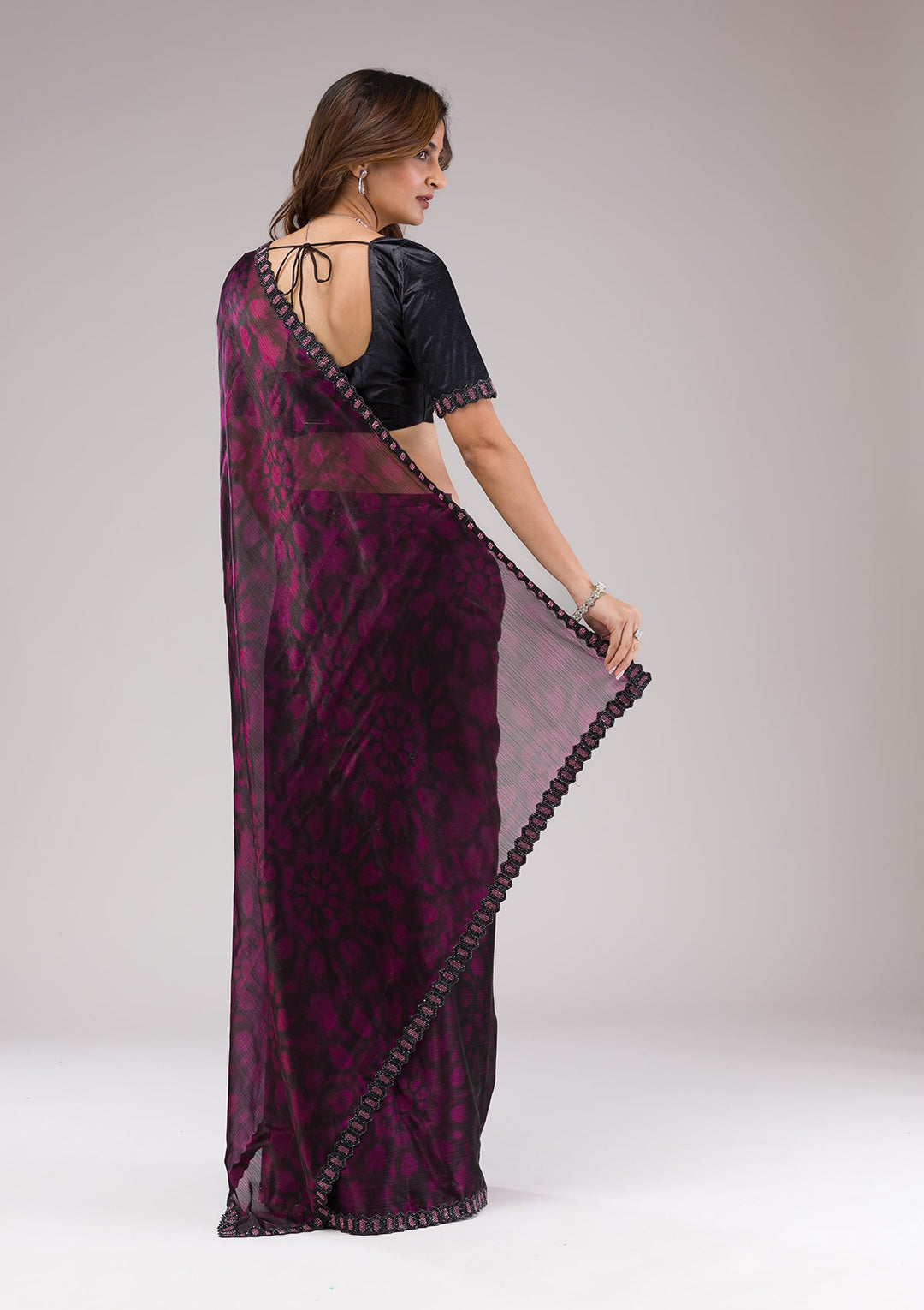 Wine Printed Organza Saree-Koskii