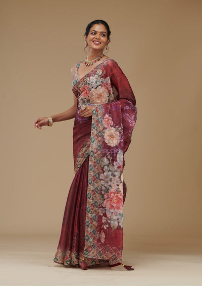 Wine Printed Tissue Saree-Koskii