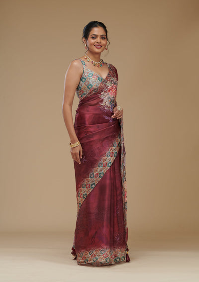 Wine Printed Tissue Saree-Koskii