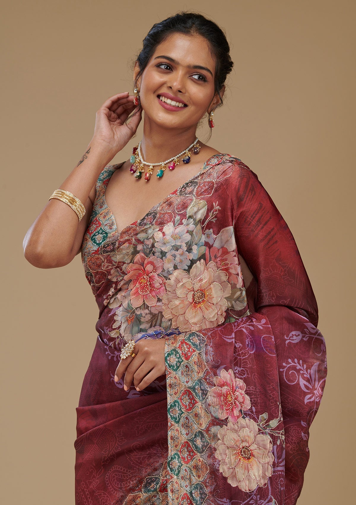 Wine Printed Tissue Saree-Koskii