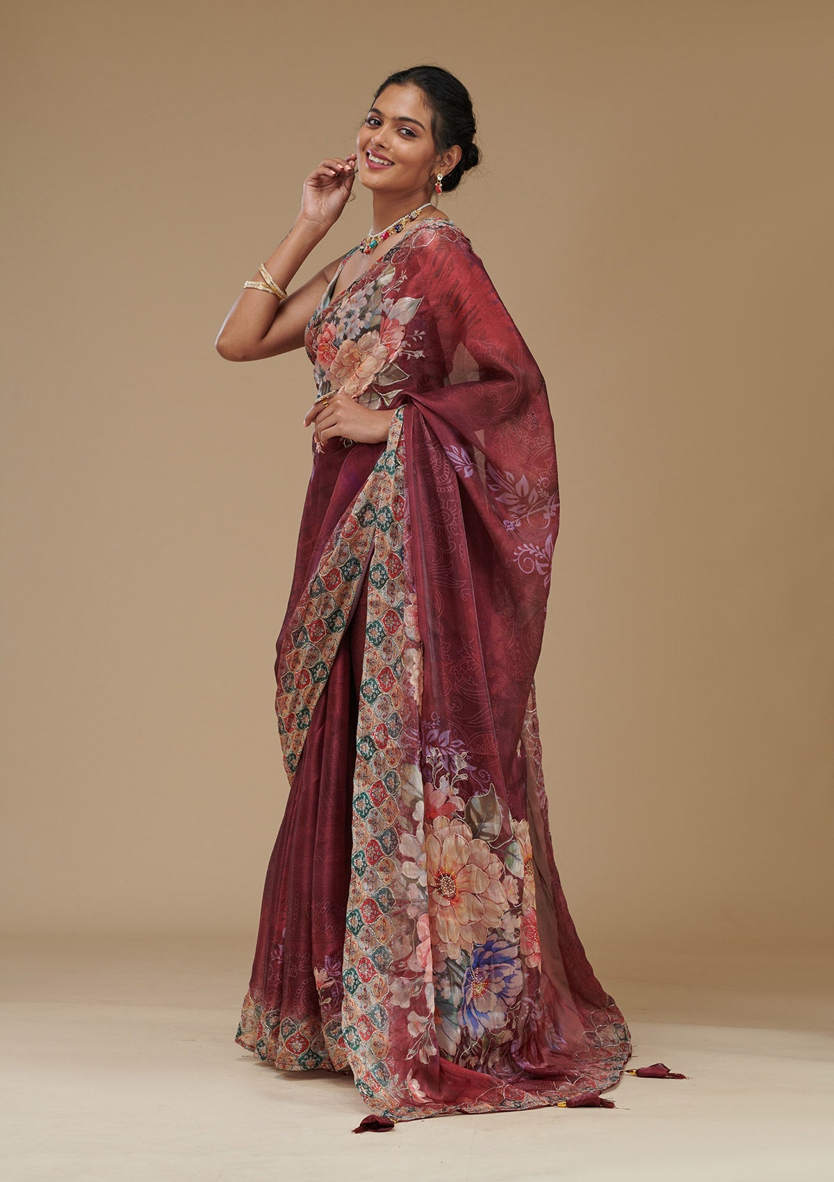 Wine Printed Tissue Saree-Koskii