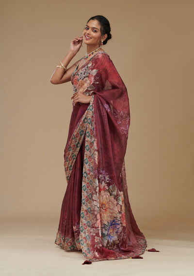 Wine Printed Tissue Saree-Koskii