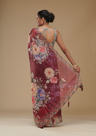 Wine Printed Tissue Saree-Koskii