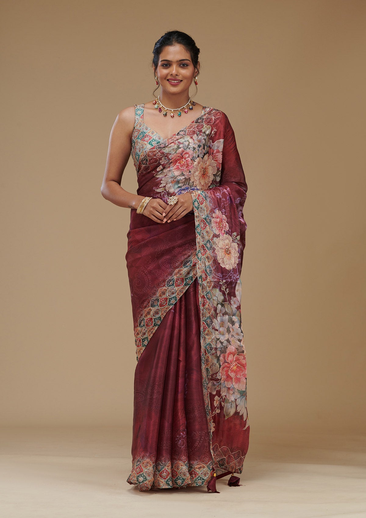 Wine Printed Tissue Saree-Koskii