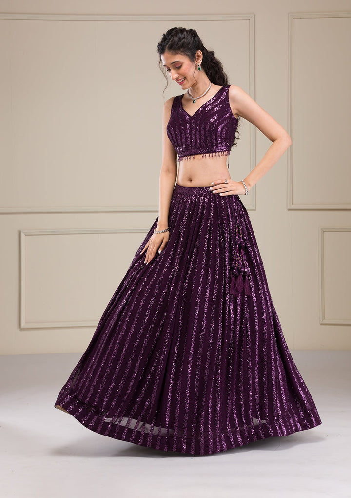 Wine Sequins Georgette Readymade Lehenga-Koskii