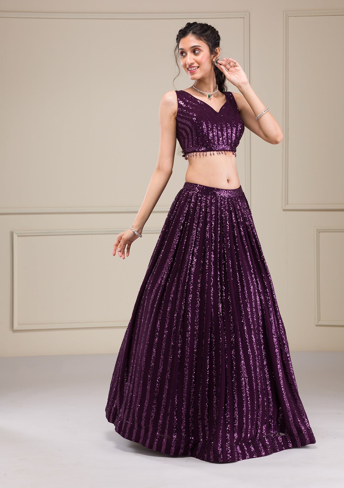 Wine Sequins Georgette Readymade Lehenga-Koskii