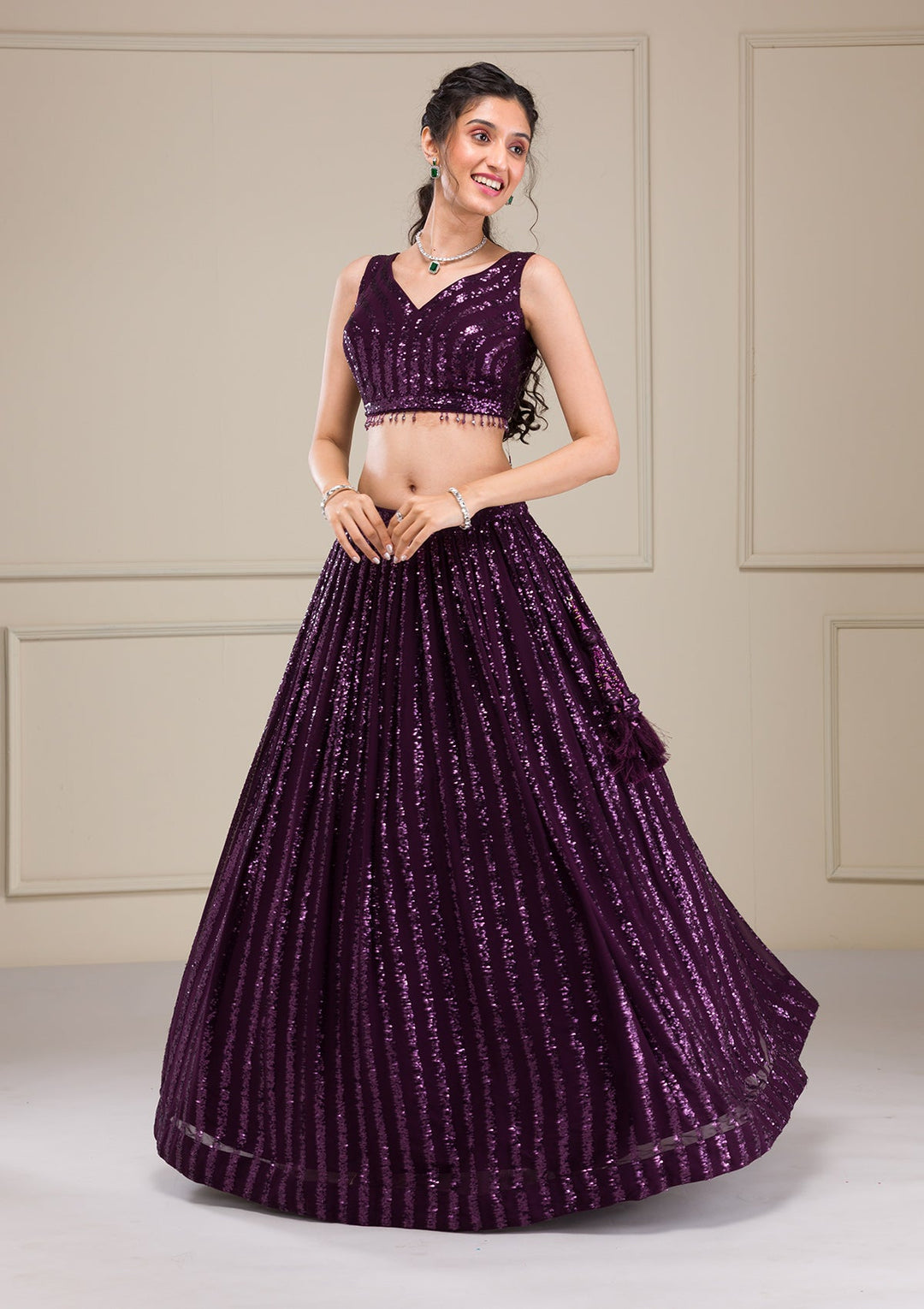 Wine Sequins Georgette Readymade Lehenga-Koskii