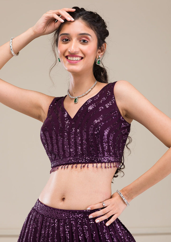 Wine Sequins Georgette Readymade Lehenga-Koskii