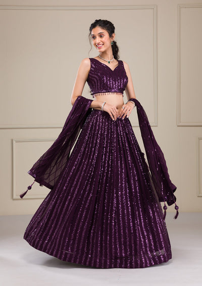 Wine Sequins Georgette Readymade Lehenga-Koskii