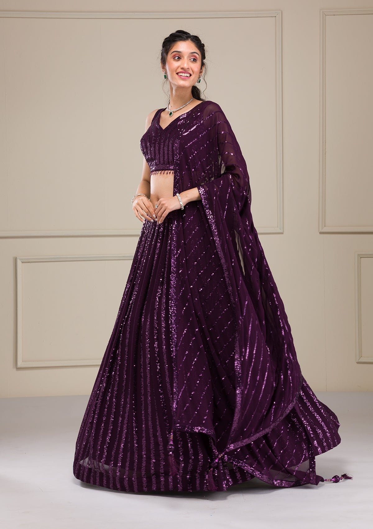 Wine Sequins Georgette Readymade Lehenga-Koskii