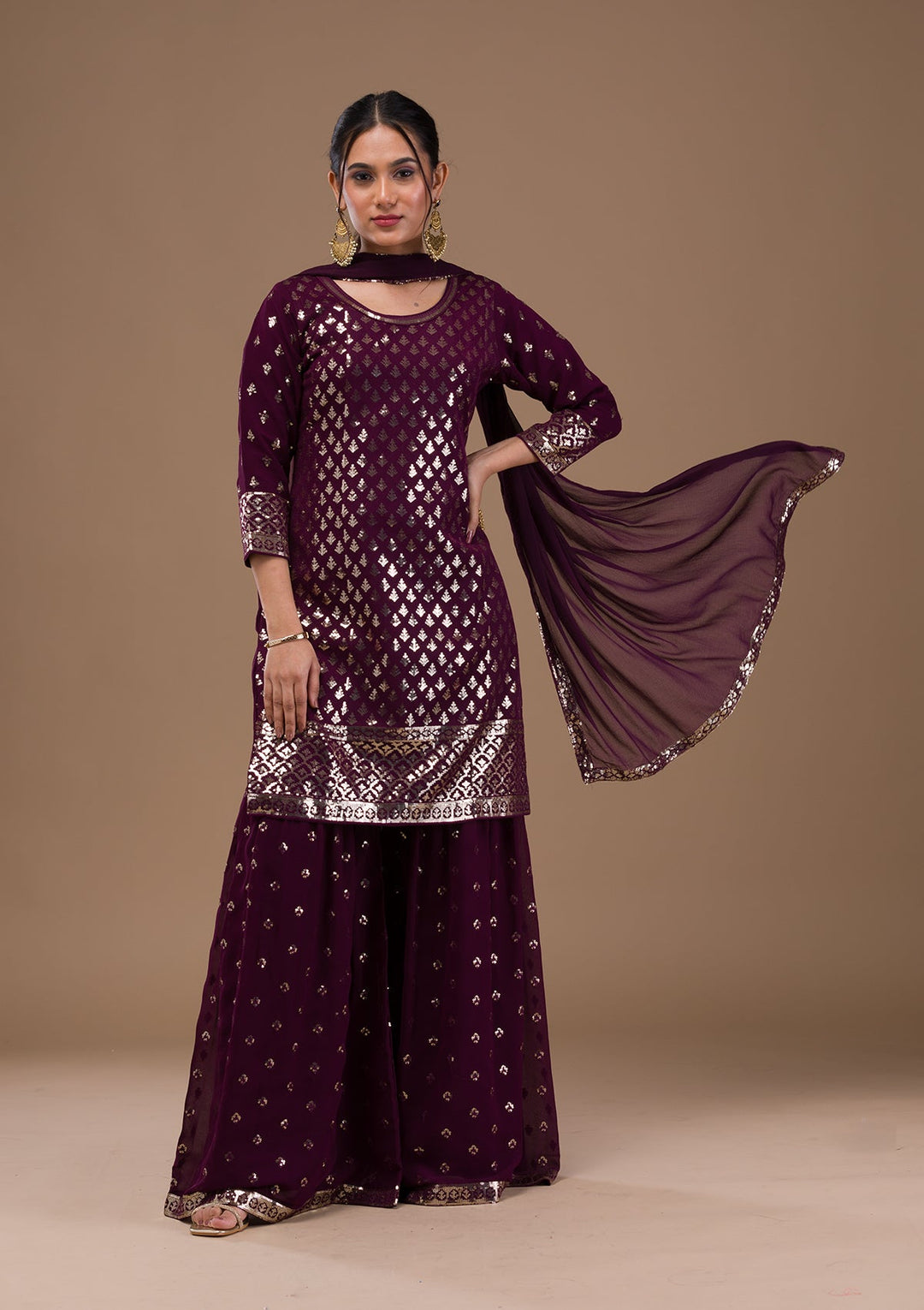Wine Sequins Georgette Readymade Salwar Suit-Koskii